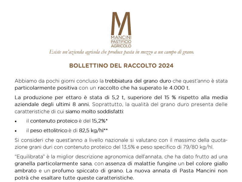 Il Bollettino del Raccolto Mancini 2024: un'annata da ricordare